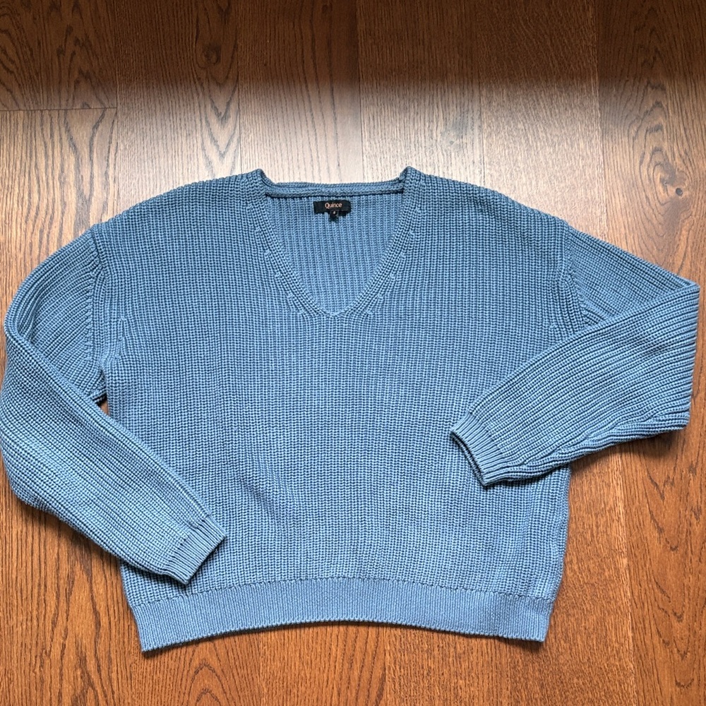 Quince Women's Sky Blue V-Neck Cotton Sweater